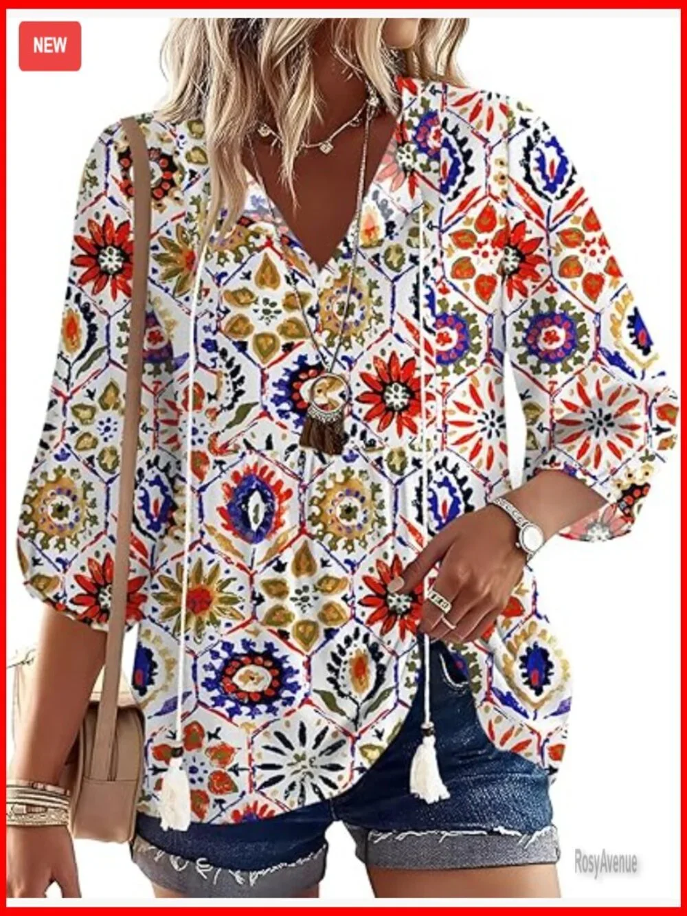 Loose Fit 3/4 Sleeve V-Neck Tunic Blouse, Rayon-Cotton-Linen Blend